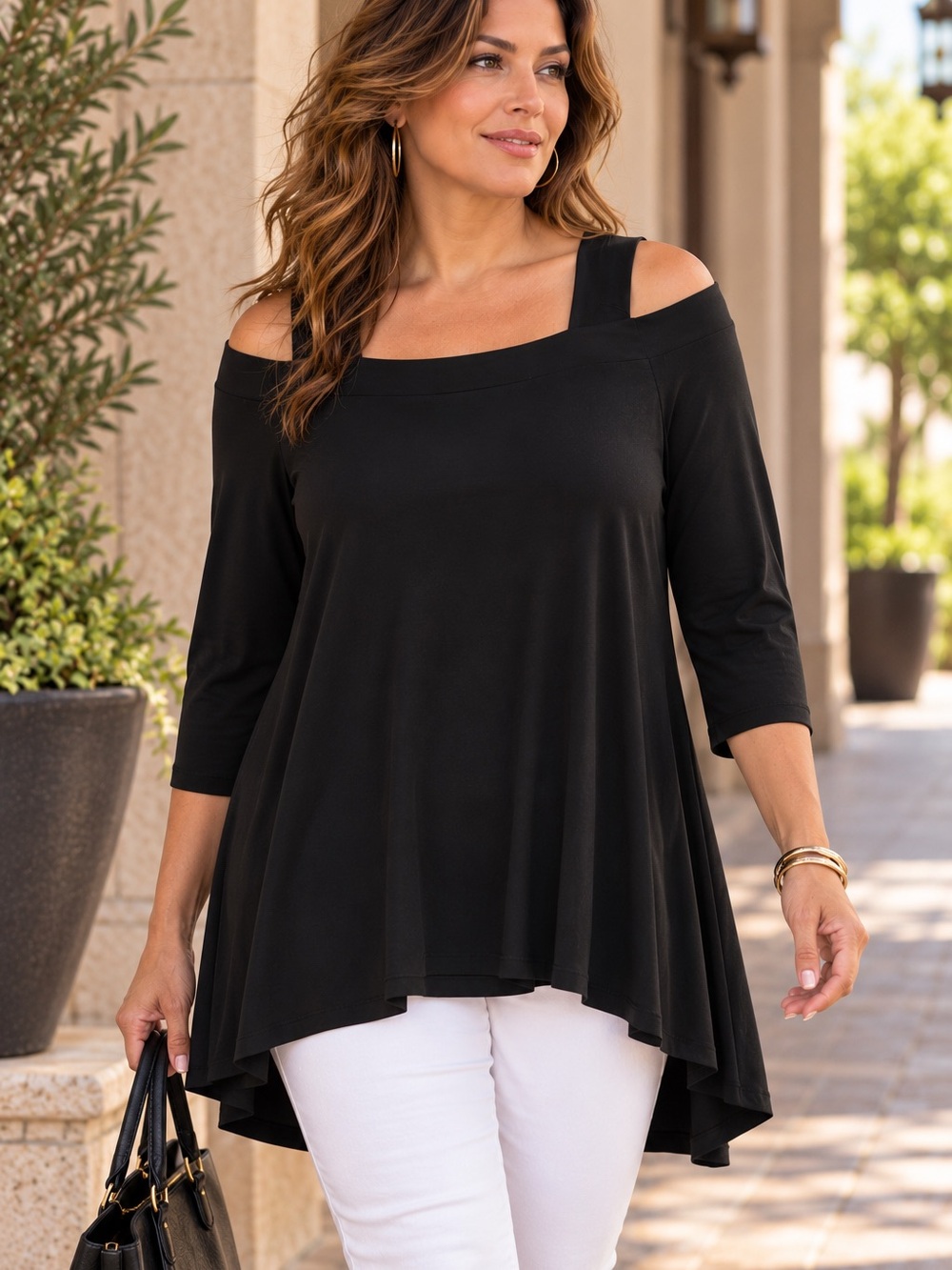 Cold Shoulder Strappy 3/4 Sleeve Tunic Top Chico’s Black Size 1